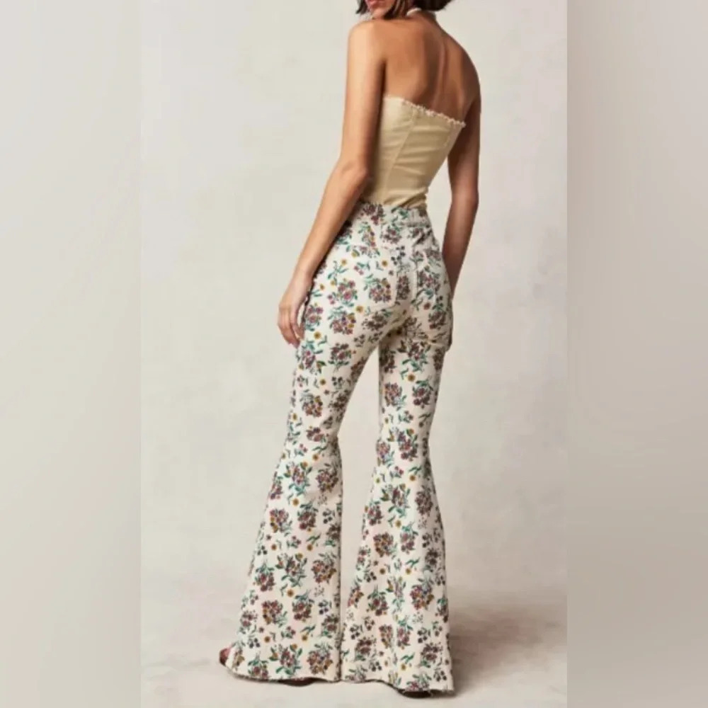 We The Free Floral Wide Leg Flare Jeans in Cream with Multicolor Print